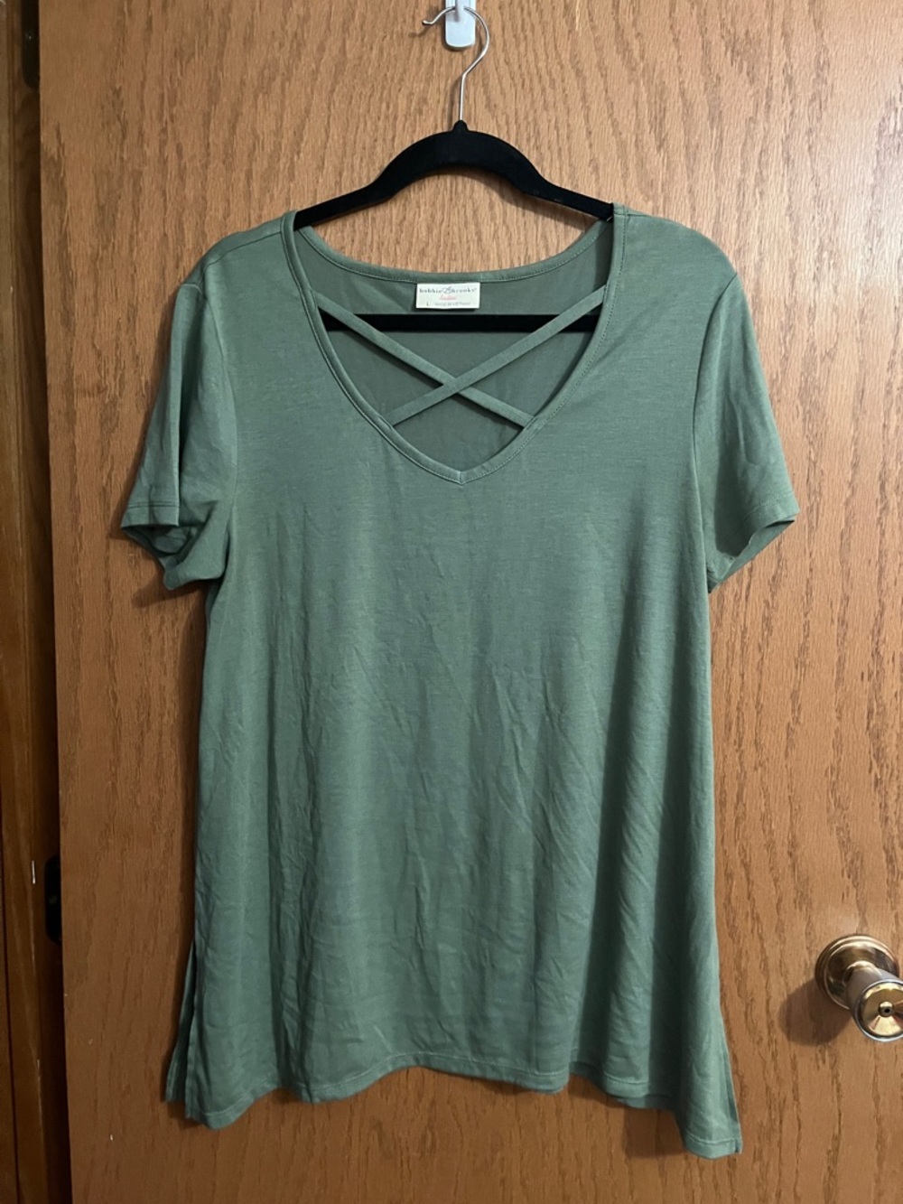 Bobbie Brooks Olive Green Crisscross V-Neck Short Sleeve Top